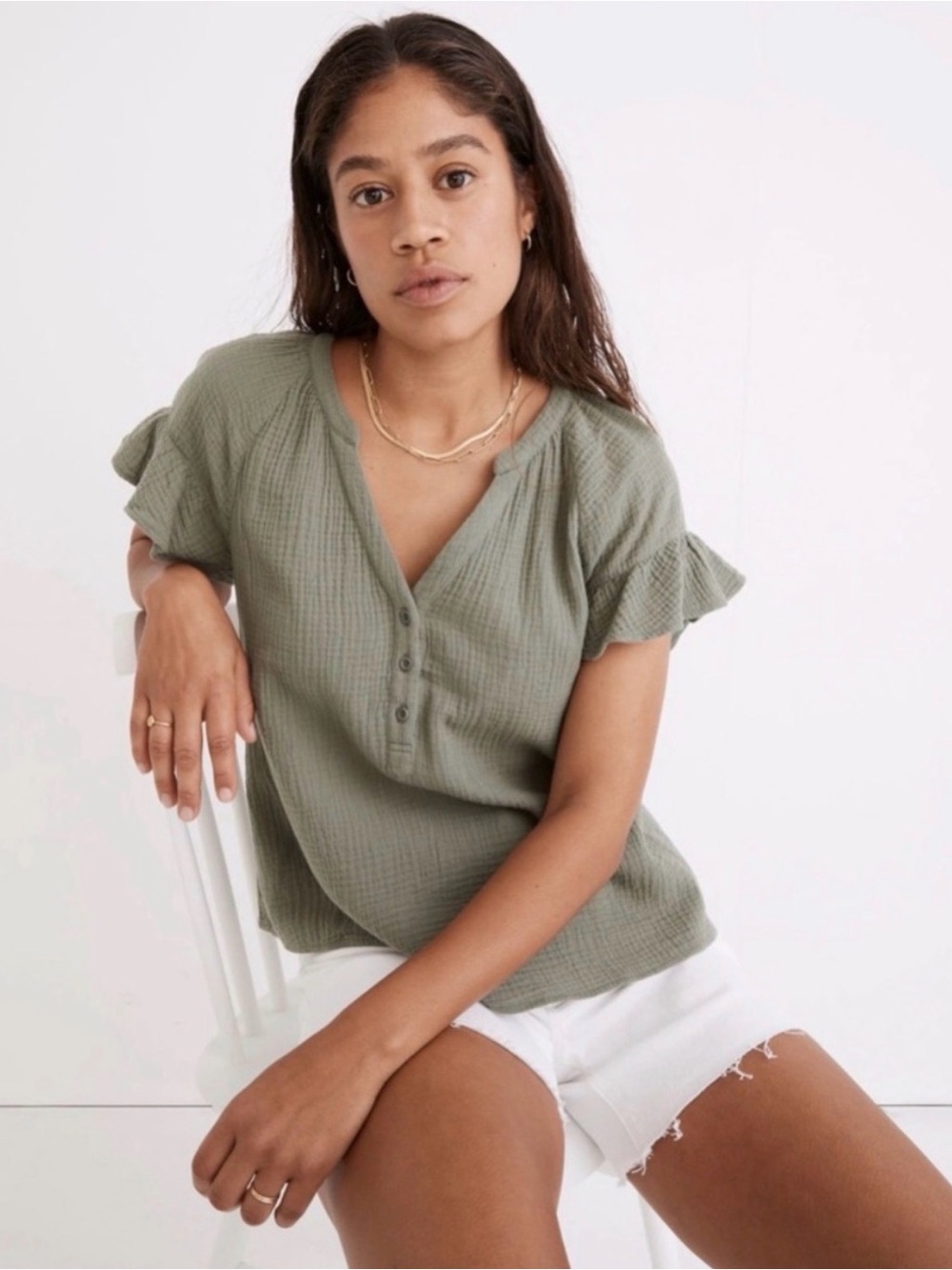 Madewell Lightspun Ruffe Sleeve Henley Top Sage Medium